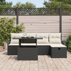 6 Részes Kert Sofabútor Készlet Párnákkal Fekete Poli Rattan, 2 Személyes Kert Sofabútor Készlet Raktárral és Párnákkal Fekete Poli Rattan