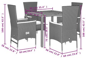 5 részes fekete polyrattan kerti étkezőgarnitúra párnákkal