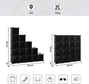 15 kockás tárolóegység, műanyag cipőtartó, fekete