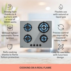 Klarstein Firetale, gázfőzőlap, 4 égő, alumínium égők, tömlővel és redukáló szeleppel