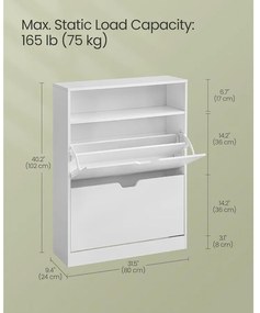 Cipősszekrény 2 billenőajtóval, 3 szintes cipőtartó, 24 x 80 x 102 cm, felhőfehér