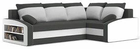 Grande sarokkanapé polcokkal , polc a bal karfaban, jobboldali, szövet anyag, hab töltet, szürke - fehér