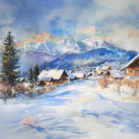 Vászonkép Canvas Tájkép Kilátás Hegyek Tátra Tél Hó Falu Házak 40x40