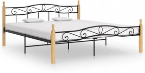 fekete fém és tömör tölgyfa ágykeret 200 x 200 cm
