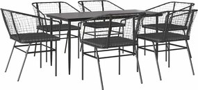 vidaXL 7 részes fekete polyrattan üveg kerti étkezőgarnitúra párnákkal