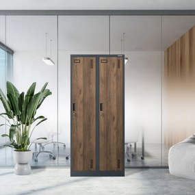 Pléh öltözőszekrény talpazaton, kétmodulos, polccal és köztes fallal KACPER, 800 x 1800 x 500 mm, Eco Design: antracit/ dió