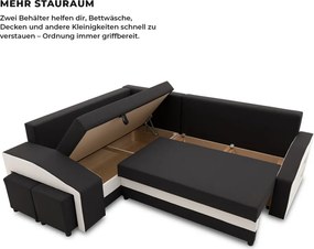 Grande sarokkanapé polcokkal és puffokkal , polc a jobb karfaban puffok a bal karfaban, baloldali, szövet anyag, bonell töltet, fekete - fehér