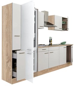 Yorki 300 konyhabútor sonoma tölgy korpusz,selyemfényű fehér fronttal alulfagyasztós hűtős szekrénnyel