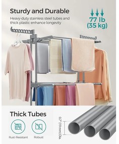 összecsukható 4 szintes ruhaszárító állvány, mozgatható, 64 x 126 x 172 cm, rozsdamentes acél, lehajtható szárnyakkal, szürke