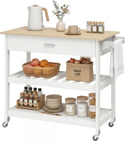 HOMCOM 3 polcos tálalókocsi nagy munkalappal, fiókkal és 2 nyitott polccal, törölközőtartóval, kerekekkel, fehér — 108,8 x 51 x 92,5 cm | Aosom