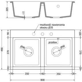 Mexen Hektor, 2 kamrás gránit mosogató 800x480x205 mm, fekete, grafit szifon, 6521802000-77-B