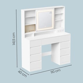 Fésülködő asztal, sminkasztal LED tükörrel és 9 fiókkal, szerszámmentes összeszerelés, Fehér
