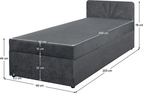 Boxspring ágy, egyszemélyes, szürke, 90x200, univerzális, SUPA