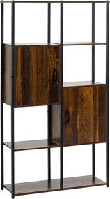 HOMCOM Modern Ipari Stílusú Könyvespolc 4 Polccal és 2 Szekrénnyel, Fém és Fa Polc otthonra és irodába, 90x30x159.5cm, Fekete és Rusztikus Barna | Aos
