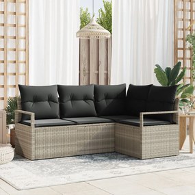 4 darabos kertibútor szett párnákkal, világosszürke, poli rattan, 2 személyes kertibútor párnákkal, szürke, poli rattan