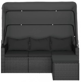 3-személyes fekete polyrattan kanapé tetővel és lábtartóval