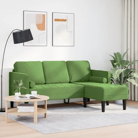 Kerti Kanapé Párnákkal és Ülőgarnitúrával L-alakú Világos Zöld Bársony, 3-Fős Kanapé Chaise L-alakú Világos Zöld 160 cm Bársony, Pad Világos Zöld 113x57x39 cm Bársony