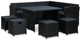 6 részes fekete polyrattan kerti bútorszett párnákkal