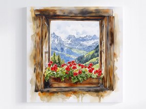 Vászonkép Canvas Ablak Kilátás Hegyek Alpok Hó Virágok Muskátli 40x40