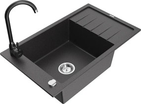 Mexen Elias gránit mosogató 1-medencés csepegtetővel és Telma konyhai csapteleppel, fekete pöttyös - 6511-76-670200-70