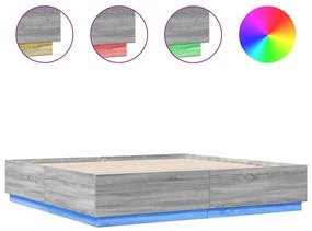 szürke sonoma színű szerelt fa ágykeret LED-del 200x200 cm