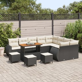 12 Darabos Kert Kanapé Szett Párnákkal Fekete Poli-rattan Akác, 3 Darabos Kert Étkező Szett Párnákkal Fekete Poli-rattan Akác