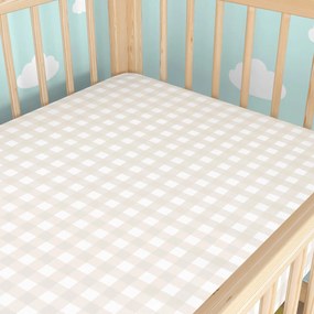 Goldea gyermek körgumis pamut lepedő kiságyba - latté kockás 60 x 120 cm