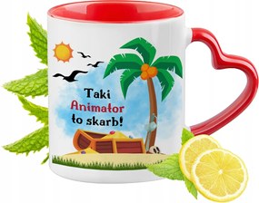 Piros bögre szív alakú füllel animátornak ajándékba