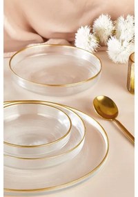 18 darabos étkészlet, átlátszó üveg arany díszítéssel