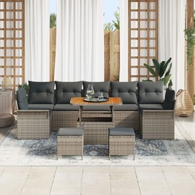10 darabos kerti kanapé szett párnákkal Szürke Poli-Rattan Akáciával, 2 személyes kerti kanapé tárolóval és párnákkal Szürke Poli-Rattan, 3 darabos kerti étkező szett párnákkal Szürke Poli-Rattan Akáciával