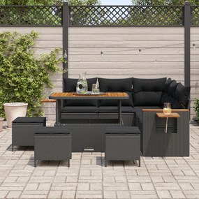 8 részes Kert Kanapé Szett párnákkal Fekete Poli Rattan Akácia, 3 részes Kert Étkező Szett párnákkal Fekete Poli Rattan Akácia