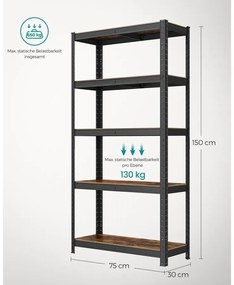 Fém tároló polc, salgó polc 75 x 150 x 30 cm, fekete és rusztikus barna