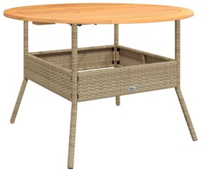 bézs polyrattan kerti asztal akácfa lappal Ø110 x 71 cm