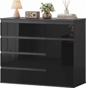 HOMCOM komód — 5 fiókos tároló állítható polccal és halk záródású ajtóval, magasfényű fekete, 100 x 40 x 80 cm | Aosom