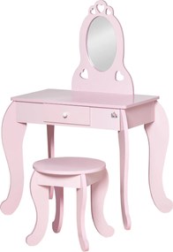 HOMCOM Gyermek Fa Sminkasztal 3-6 éves lányoknak, Puffal és Hercegnős Tükörrel - 60x36x88 cm Rózsaszín | Aosom