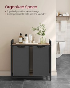 Szennyeskosár, 2 rekeszes szennyestartó, 2 × 46 l, 73 × 33 × 72 cm, tevebarna és szürke