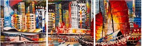 Kép - Victoria Harbour, Hong Kong, olajfestmény (órával) (90x30 cm)