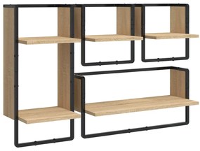 4 részes sonoma tölgy színű szerelt fa fali polc szett rúddal