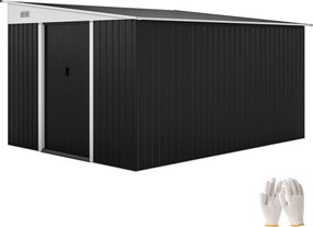 Outsunny 8.9m² Acél Kert Shed 2 Szellőzőnyílással, Eszköztároló Előtetővel, Dupla Csúszó Zárható Ajtókkal és Kesztyűvel, 280x345x169/201cm, Fekete | A
