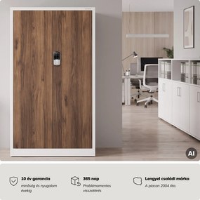 Fém irodai szekrény kódzárral, fehér, dió, 900x1850x400 mm: DANIEL Eco Design