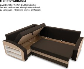 Grande sarokkanapé polcokkal , polc a bal karfaban, baloldali, szövet anyag, hab töltet, barna