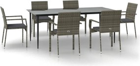 vidaXL 7 részes fekete és szürke polyrattan kerti étkezőszett párnával