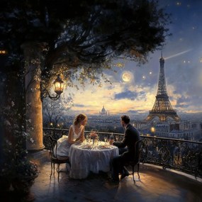 Vászonkép Canvas Párizs Torony Terasz Kilátás Pár Vacsora Este 40x40