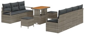 10 darabos kert kanapé szett párnákkal szürke poli rattan akáccal, 2 üléses kert kanapé tárolóval és párnákkal szürke poli rattan, 3 darabos kert étkező szett párnákkal szürke poli rattan akáccal