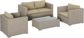 Outsunny 4 darabos PE Rattan Kerti Bútor Szett, Kültéri Pihenő 1 Kanapéval, 2 Karosszékkel, 1 Kávésasztallal és Levehető, Mosásra Alkalmas Párnákkal,