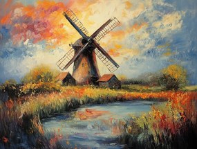 Vászonkép Canvas Tájkép Hollandia Szélmalom Naplemente Tó 80x60