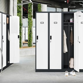 Pléh öltözőszekrény talpazaton, kétmodulos, polccal és köztes fallal KACPER, 800 x 1800 x 500 mm, antracit-fehér