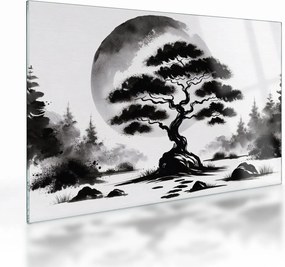 Üveg kép – Fekete-fehér bonsai (70x50 cm)