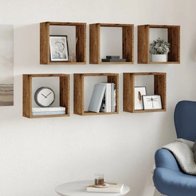 6 db antik fa színű szerelt fa fali kockapolc 30x15x30 cm