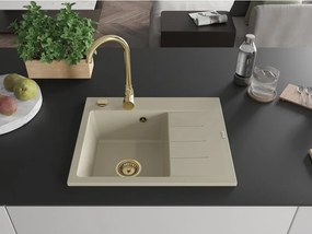 Mexen Ben gránit mosogató 1-medencés csepptálcával, balos 600 x 500 mm, bézs, arany szifon - 6522605000-69-G